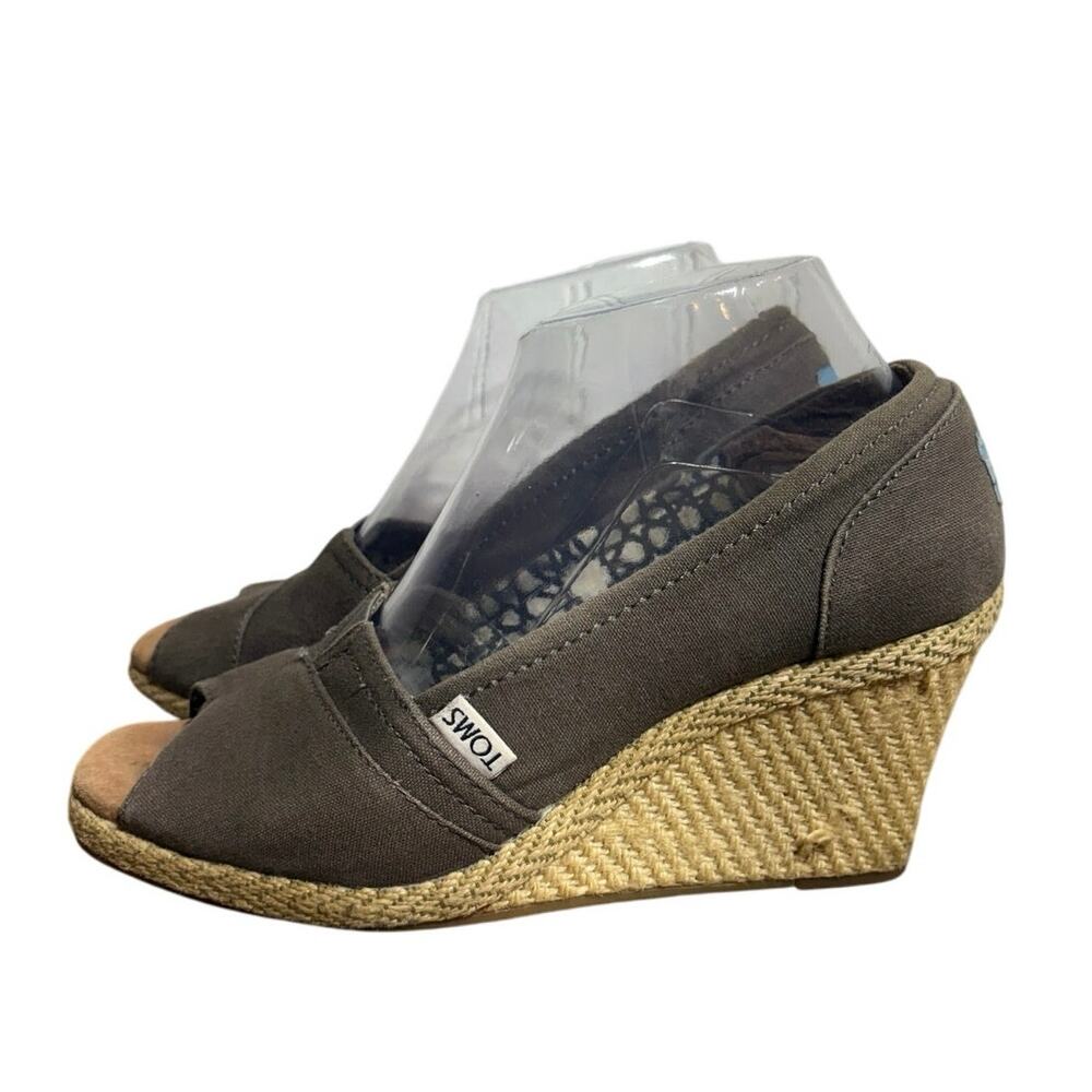 TOMS Women’s Wedge Peep Toe Canvas Espadrille Heels Brown Size 8.5